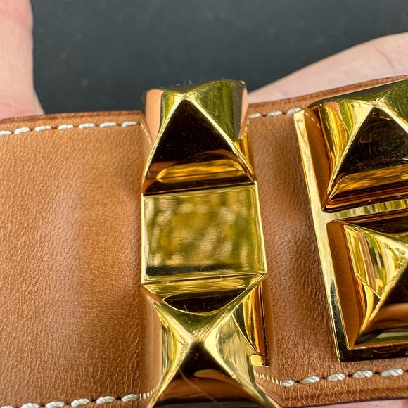 🆒 Authentic Hermès Collier De Chien Cuff Bracelet gold plated hardware leather - Picture 9 of 16